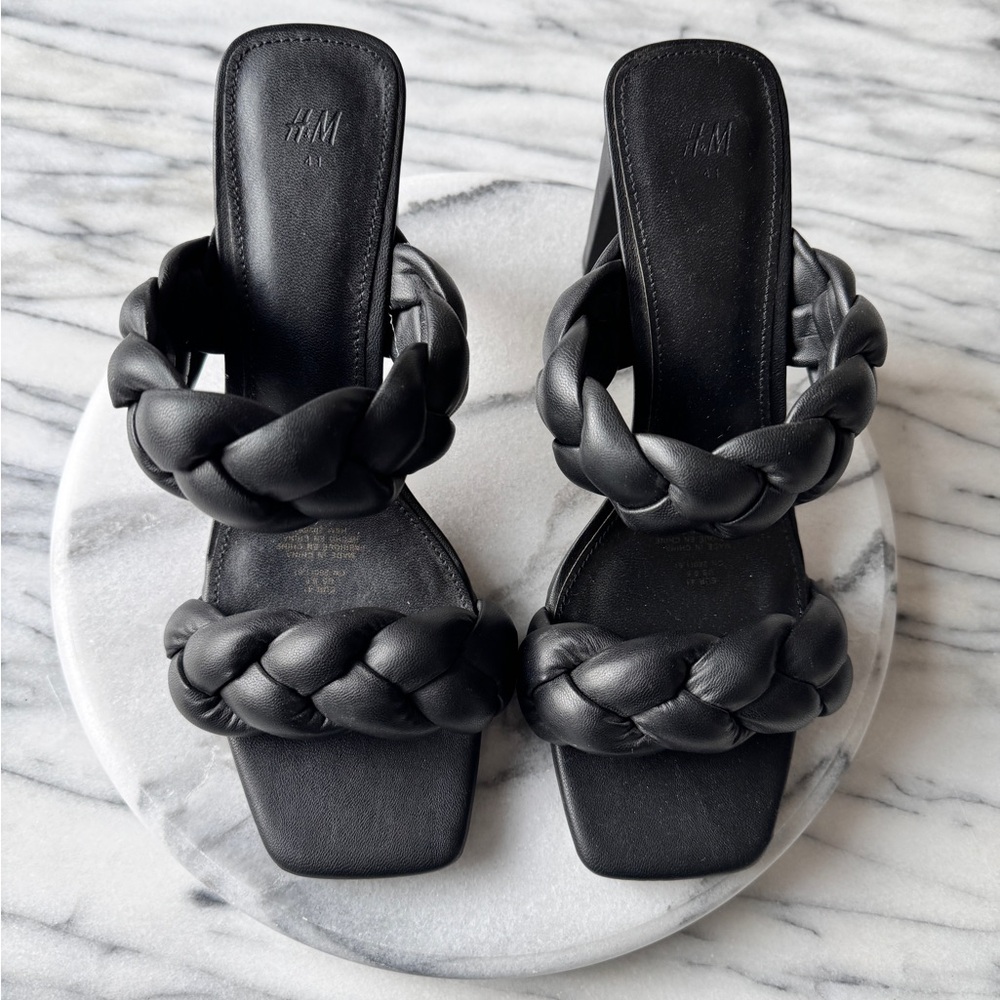 Black Slip On Heeled Sandals / Braided Mules